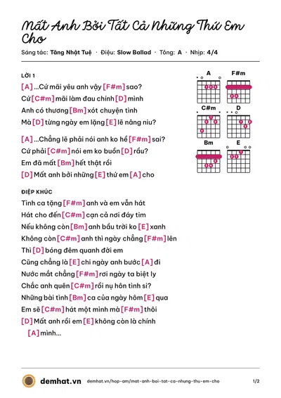 Hợp âm Mất Anh Bởi Tất Cả Những Thứ Em Cho (Bảo Thy) – bản nhạc PDF trang 1, tông A