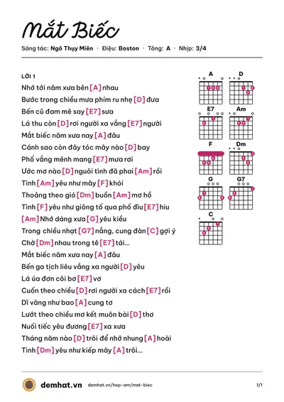 Hợp âm Mắt Biếc (Bằng Kiều) – bản nhạc PDF trang 1, tông A