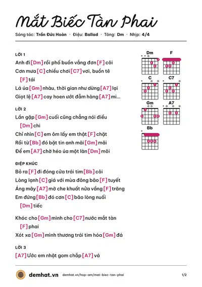 Hợp âm Mắt Biếc Tàn Phai (Trần Đức Hoàn) – bản nhạc PDF trang 1, tông Dm