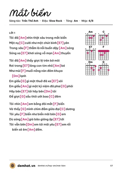 Hợp âm Mắt biển (Trần Thế Anh) – bản nhạc PDF trang 1, tông Am