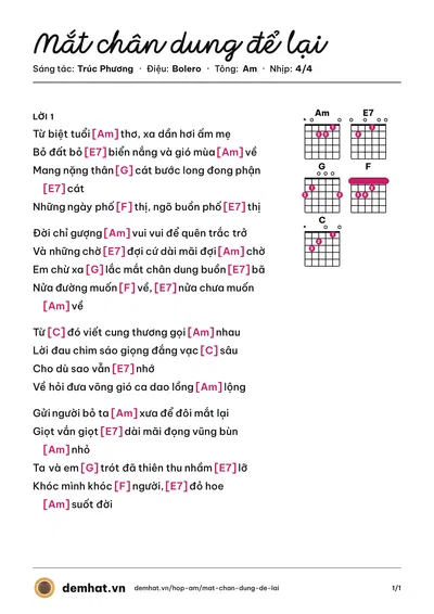 Hợp âm Mắt chân dung để lại (Hương Lan) – bản nhạc PDF trang 1, tông Am