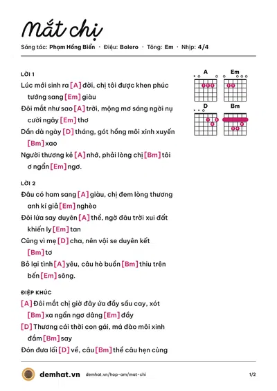 Hợp âm Mắt chị (Tố My) – bản nhạc PDF trang 1, tông Em