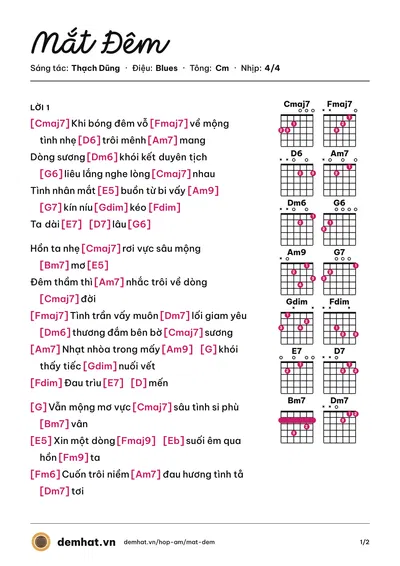 Hợp âm Mắt Đêm (Thái Hòa) – bản nhạc PDF trang 1, tông Cm
