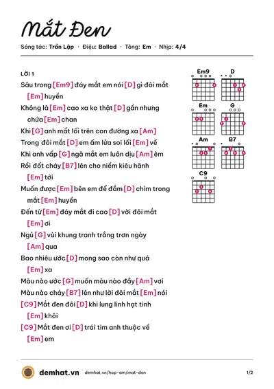 Hợp âm Mắt Đen (Bức Tường) – bản nhạc PDF trang 1, tông Em