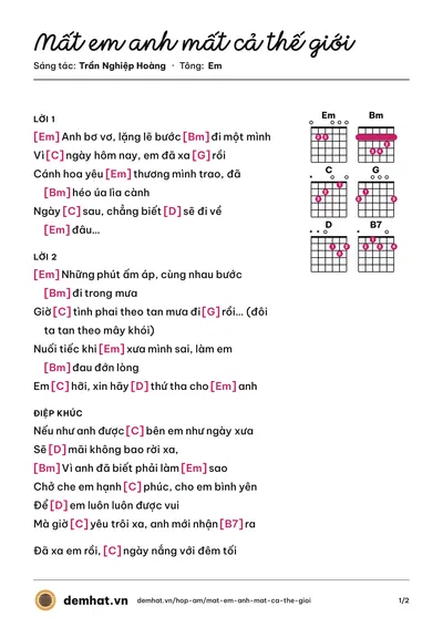 Hợp âm Mất em anh mất cả thế giới (Trần Nghiệp Hoàng) – bản nhạc PDF trang 1, tông Em
