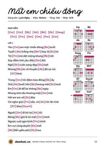 Hợp âm Mất em chiều đông (Khánh Di) – bản nhạc PDF trang 1, tông Cm