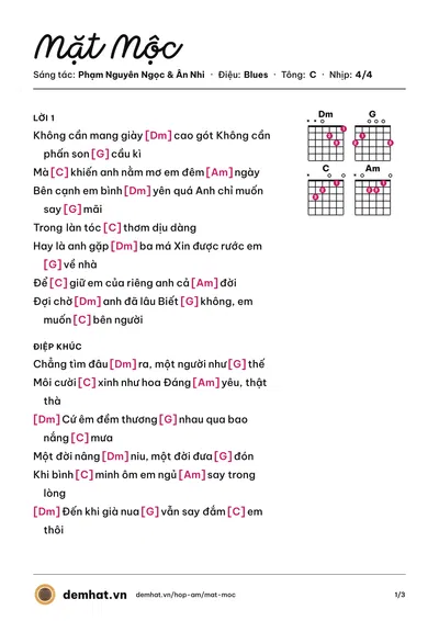 Hợp âm Mặt Mộc (Ân Nhi) – bản nhạc PDF trang 1, tông C