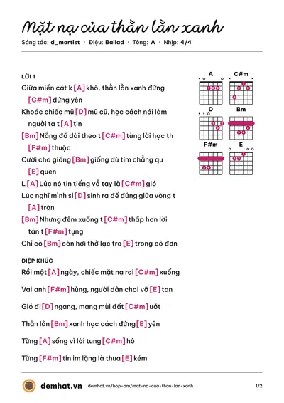 Hợp âm Mặt nạ của thằn lằn xanh (d_martist) – bản nhạc PDF trang 1, tông A