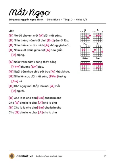 Hợp âm Mắt Ngọc (Mắt Ngọc) – bản nhạc PDF trang 1, tông D