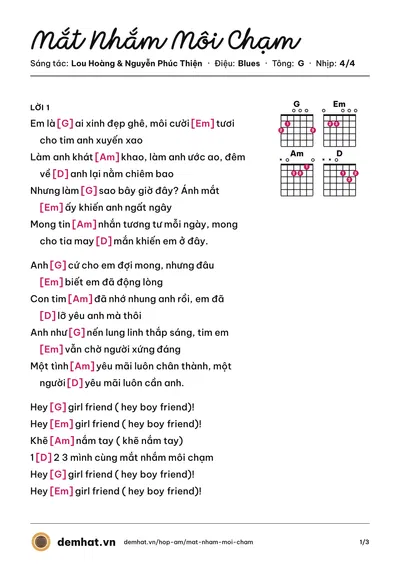 Hợp âm Mắt Nhắm Môi Chạm (Lou Hoàng) – bản nhạc PDF trang 1, tông G