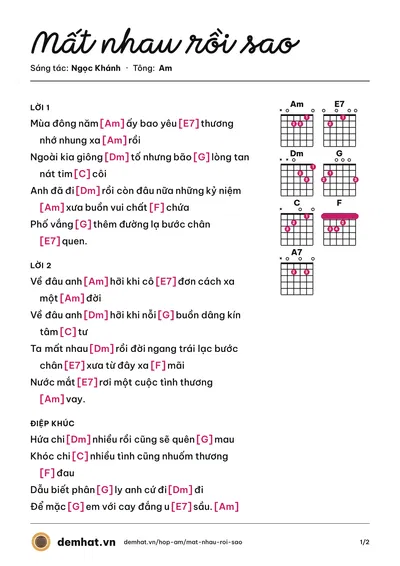 Hợp âm Mất nhau rồi sao (Lý Thu Thảo) – bản nhạc PDF trang 1, tông Am