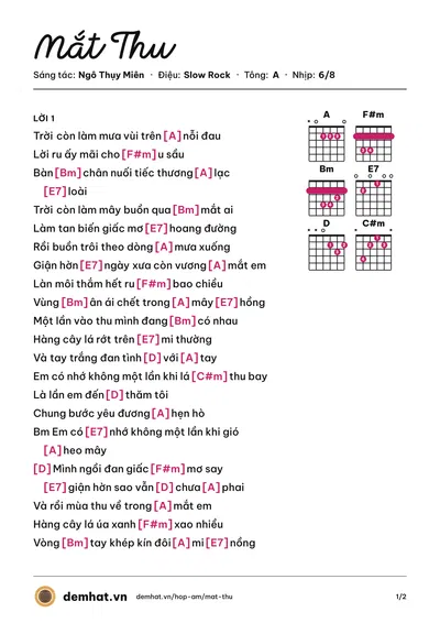 Hợp âm Mắt Thu (Ý Lan) – bản nhạc PDF trang 1, tông A