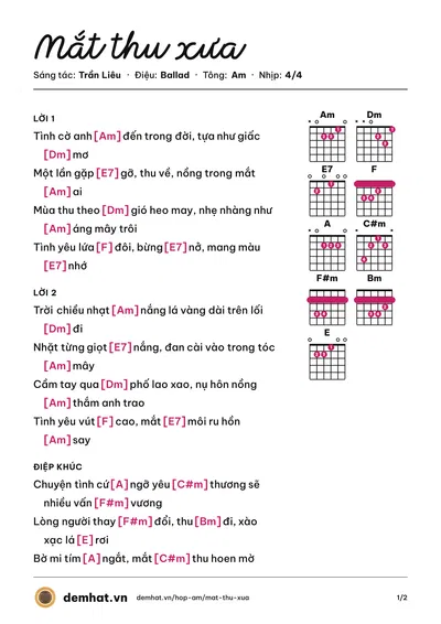 Hợp âm Mắt thu xưa (Nguyễn Lương Ký) – bản nhạc PDF trang 1, tông Am