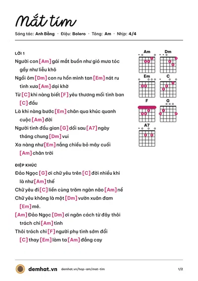 Hợp âm Mắt tím (Băng Tâm) – bản nhạc PDF trang 1, tông Am