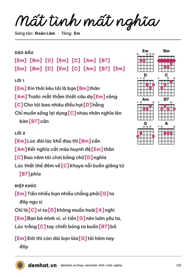Hợp âm Mất tình mất nghĩa (Đoàn Lâm) – bản nhạc PDF trang 1, tông Em