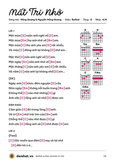 Hợp âm Mất Trí Nhớ (Chi Dân) – bản nhạc PDF trang 1, tông G