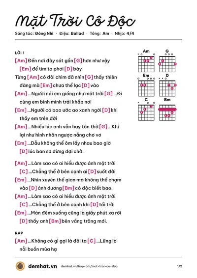 Hợp âm Mặt Trời Cô Độc (Đông Nhi) – bản nhạc PDF trang 1, tông Am