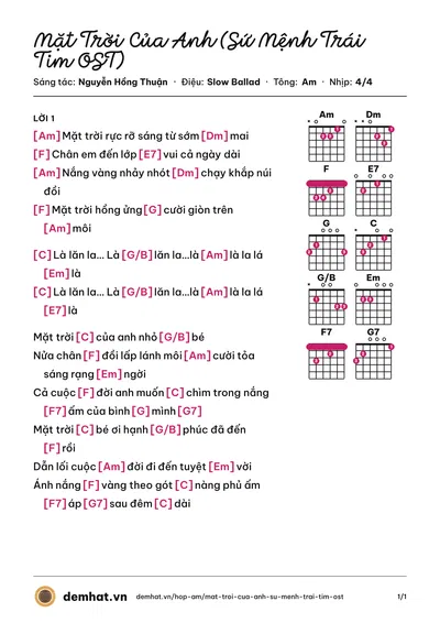 Hợp âm Mặt Trời Của Anh (Sứ Mệnh Trái Tim OST) (Gia Khiêm) – bản nhạc PDF trang 1, tông Am