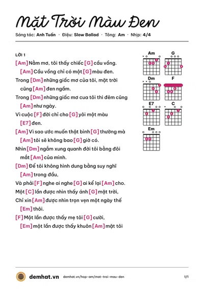 Hợp âm Mặt Trời Màu Đen (MTV) – bản nhạc PDF trang 1, tông Am