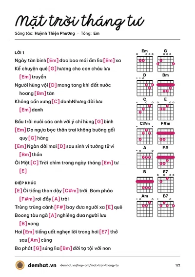 Hợp âm Mặt trời tháng tư (Karaoke) – bản nhạc PDF trang 1, tông Em