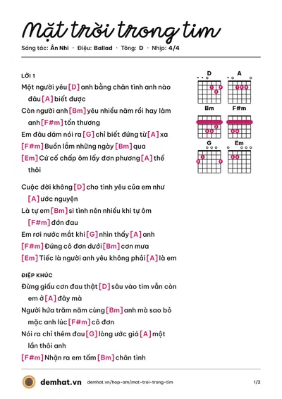 Hợp âm Mặt trời trong tim (Jin Ju) – bản nhạc PDF trang 1, tông D