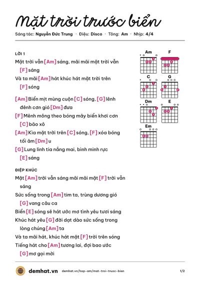 Hợp âm Mặt trời trước biển (Mắt Ngọc) – bản nhạc PDF trang 1, tông Am