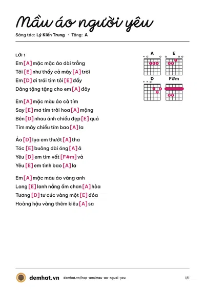 Hợp âm Mầu áo người yêu (Cao Huy Thế) – bản nhạc PDF trang 1, tông A