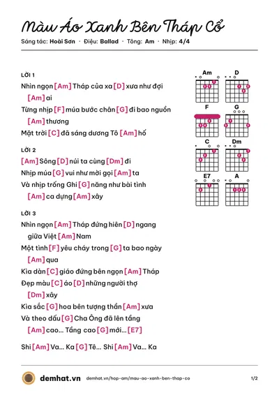 Hợp âm Màu Áo Xanh Bên Tháp Cổ (Minh Đức) – bản nhạc PDF trang 1, tông Am