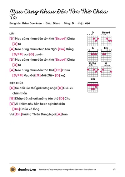 Hợp âm Mau Cùng Nhau Đến Tôn Thờ Chúa Ta (Maranatha YGVN) – bản nhạc PDF trang 1, tông D