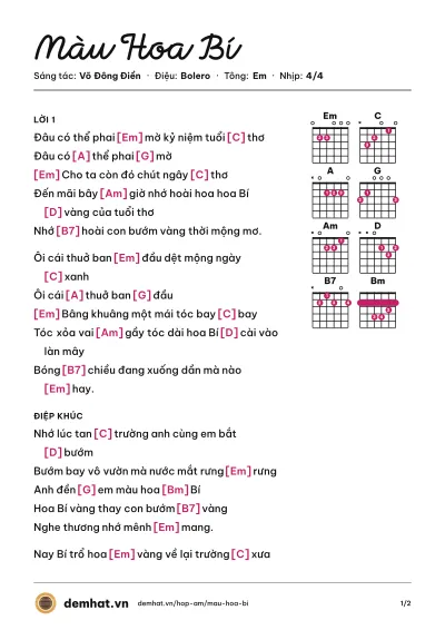 Hợp âm Màu Hoa Bí (Như Quỳnh) – bản nhạc PDF trang 1, tông Em