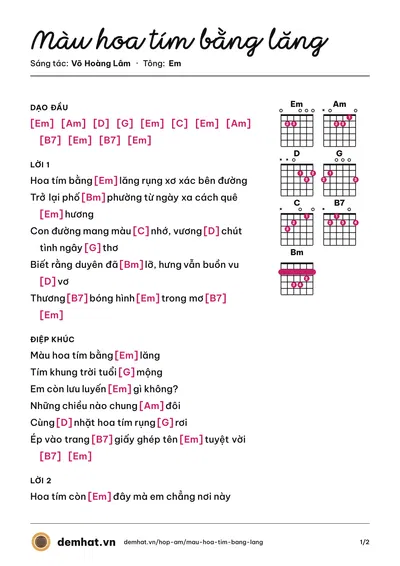 Hợp âm Màu hoa tím bằng lăng (Võ Hoàng Lâm) – bản nhạc PDF trang 1, tông Em