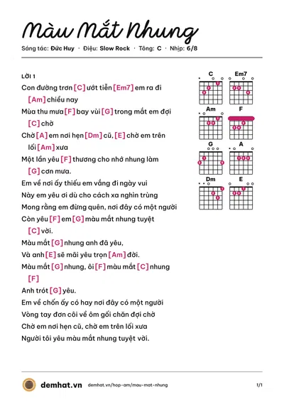 Hợp âm Màu Mắt Nhung (Đức Huy) – bản nhạc PDF trang 1, tông C
