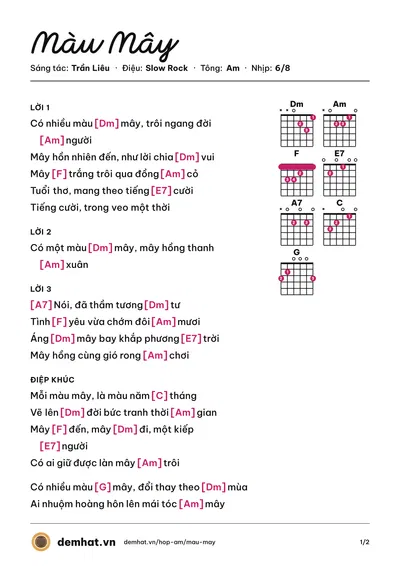 Hợp âm Màu Mây (Trần Liêu) – bản nhạc PDF trang 1, tông Am