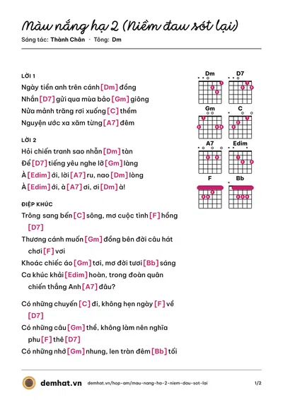 Hợp âm Màu nắng hạ 2 (Niềm đau sót lại) (Thành Chân) – bản nhạc PDF trang 1, tông Dm