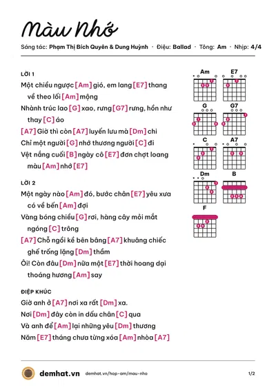 Hợp âm Màu Nhớ (Nguyễn Kiều Oanh) – bản nhạc PDF trang 1, tông Am