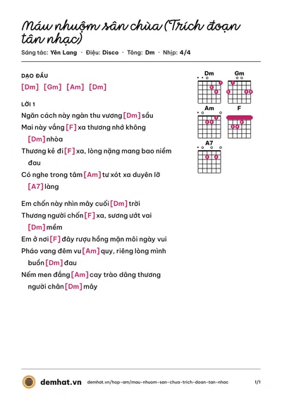 Hợp âm Máu nhuộm sân chùa (Trích đoạn tân nhạc) (Lệ Thủy) – bản nhạc PDF trang 1, tông Dm
