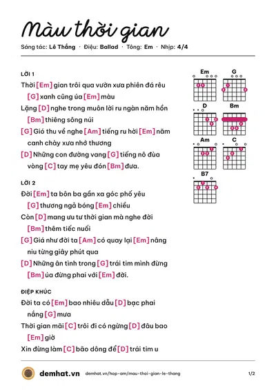 Hợp âm Màu thời gian (Minh Đức) – bản nhạc PDF trang 1, tông Em