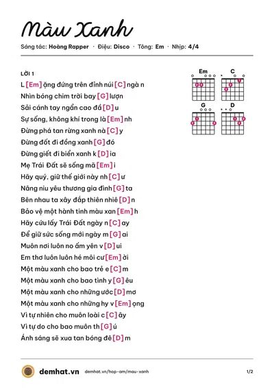 Hợp âm Màu Xanh (Lý Hải) – bản nhạc PDF trang 1, tông Em