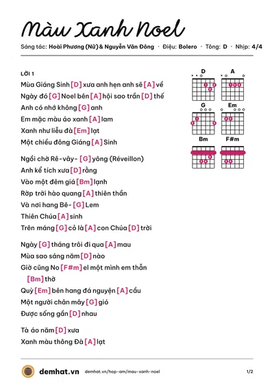Hợp âm Màu Xanh Noel (Tường Nguyên) – bản nhạc PDF trang 1, tông D