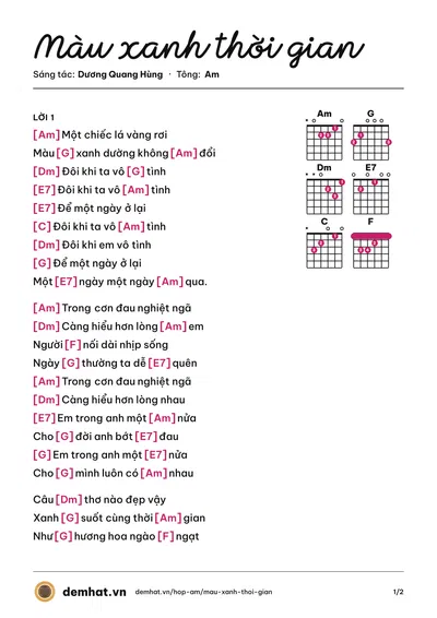 Hợp âm Màu xanh thời gian (Thạch Lam) – bản nhạc PDF trang 1, tông Am