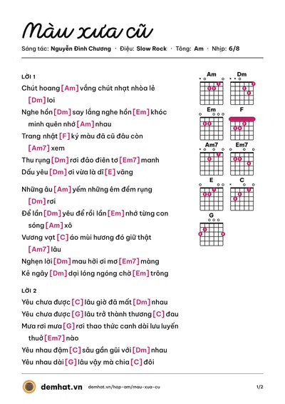 Hợp âm Màu xưa cũ (Nguyễn Đình Chương) – bản nhạc PDF trang 1, tông Am