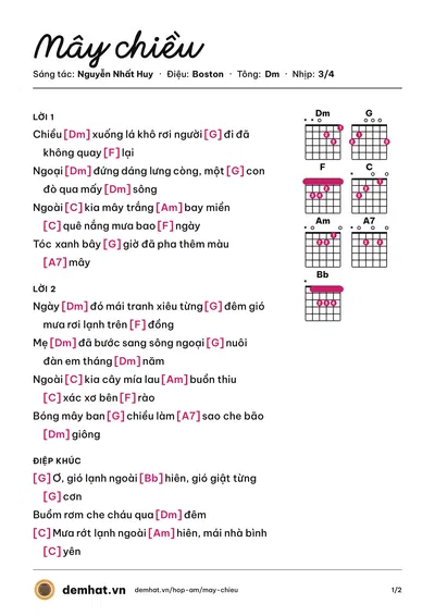 Hợp âm Mây chiều (Cẩm Ly) – bản nhạc PDF trang 1, tông Dm