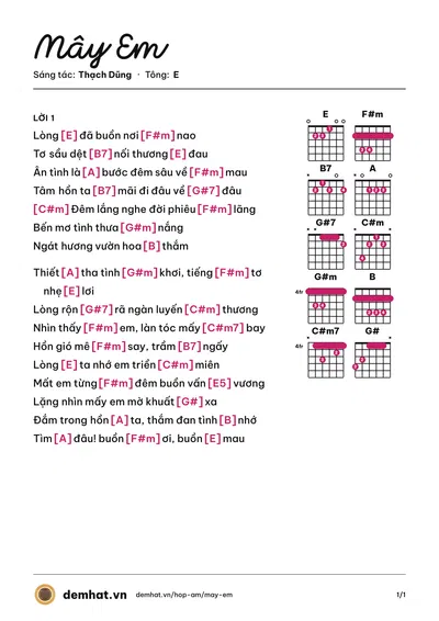 Hợp âm Mây Em (Thái Hòa) – bản nhạc PDF trang 1, tông E