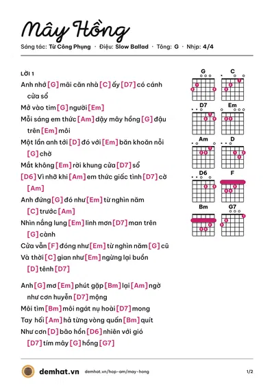 Hợp âm Mây Hồng (Từ Công Phụng) – bản nhạc PDF trang 1, tông G