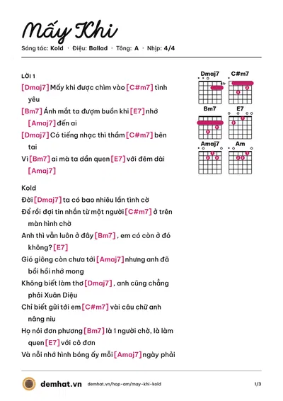 Hợp âm Mấy Khi (Kold) – bản nhạc PDF trang 1, tông A