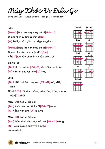 Hợp âm Mây Khóc Vì Điều Gì (Vũ.) – bản nhạc PDF trang 1, tông D