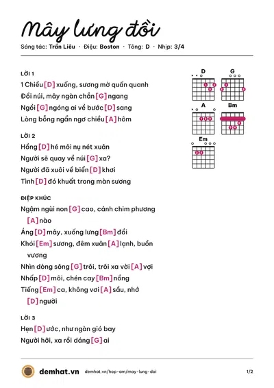 Hợp âm Mây lưng đồi (Anh Kim) – bản nhạc PDF trang 1, tông D