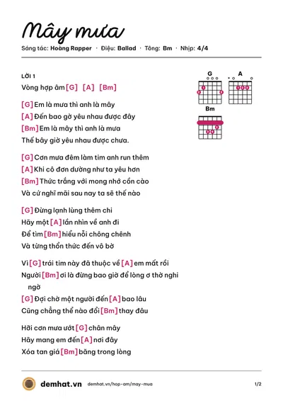 Hợp âm Mây mưa (Hoàng Rapper) – bản nhạc PDF trang 1, tông Bm