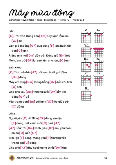 Hợp âm Mây mùa đông (Mạnh Tuấn) – bản nhạc PDF trang 1, tông C