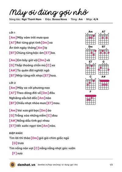 Hợp âm Mây ơi đừng gợi nhớ (Diệu Hiền) – bản nhạc PDF trang 1, tông Am